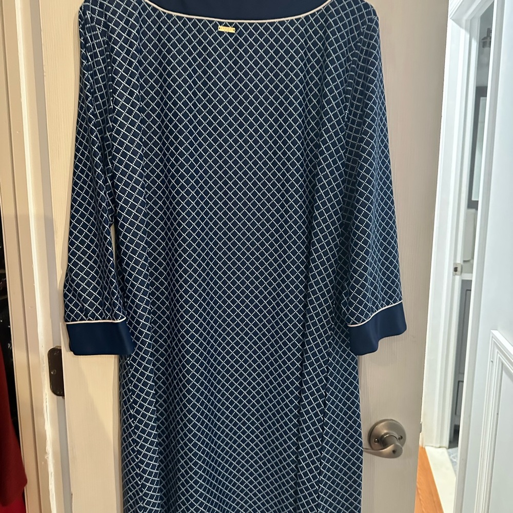 Cabana Life Blue and White Sheath Dress with Cuffed 3/4 Sleeves